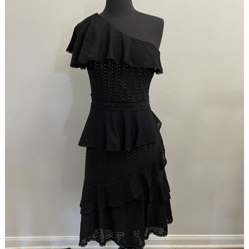 Gianni Bini Women's One Shoulder Black Lace Tiered Midi Dress Size Small Lined